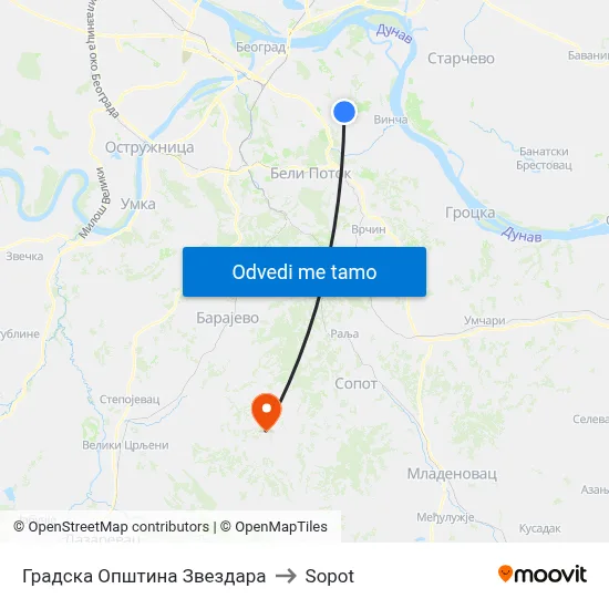 Градска Општина Звездара to Sopot map