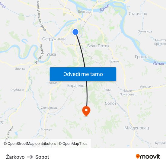 Žarkovo to Sopot map