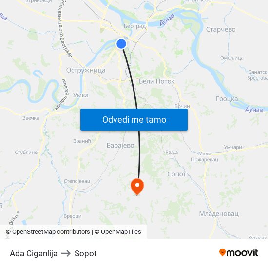 Ada Ciganlija to Sopot map