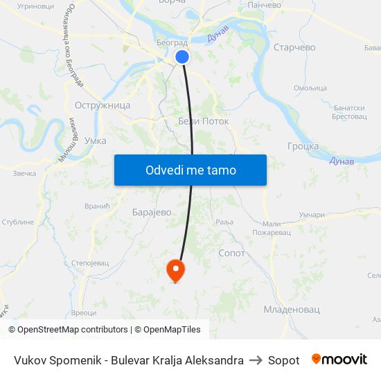 Vukov Spomenik - Bulevar Kralja Аleksandra to Sopot map
