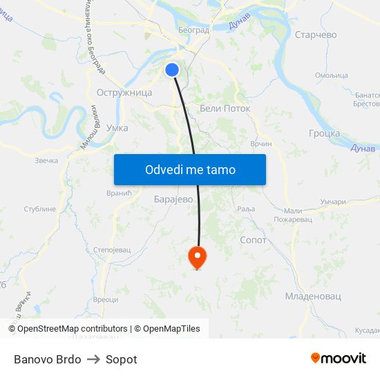 Banovo Brdo to Sopot map