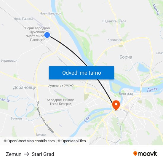 Zemun to Stari Grad map