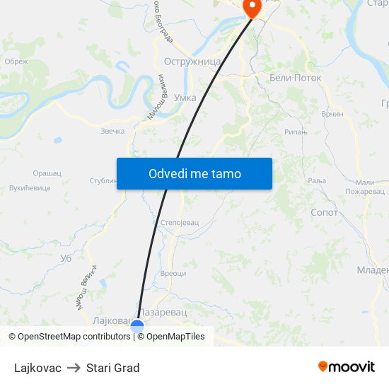 Lajkovac to Stari Grad map