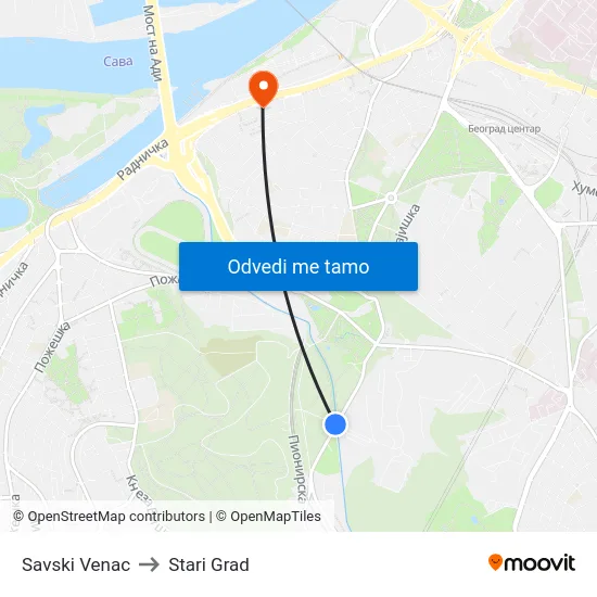Savski Venac to Stari Grad map
