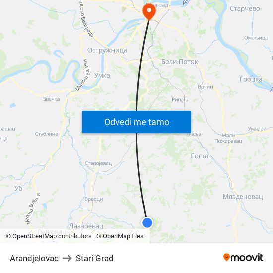 Arandjelovac to Stari Grad map