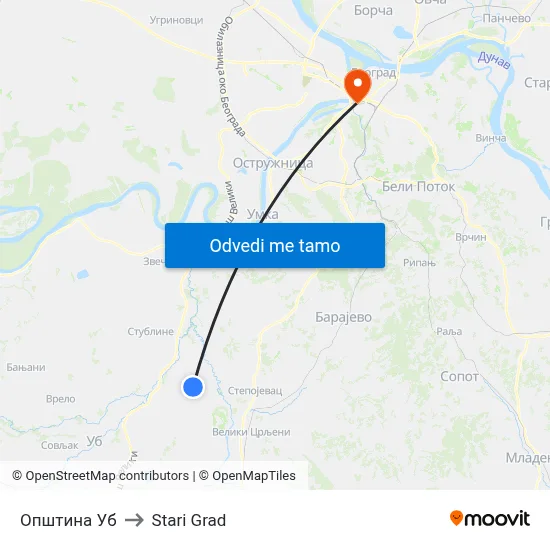 Општина Уб to Stari Grad map