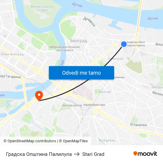 Градска Општина Палилула to Stari Grad map