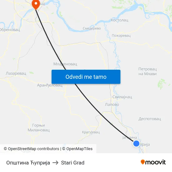 Општина Ћуприја to Stari Grad map