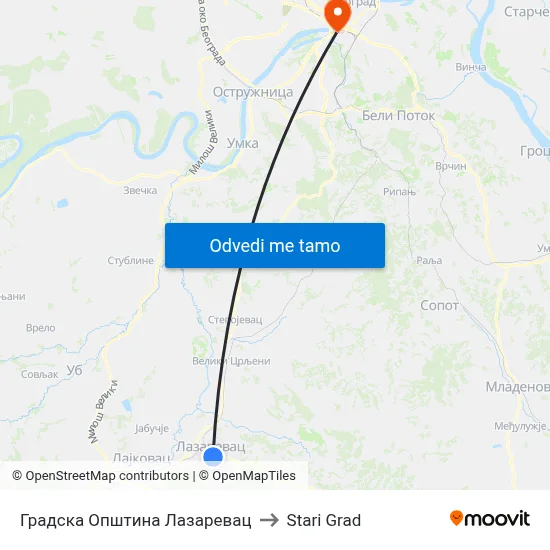 Градска Општина Лазаревац to Stari Grad map