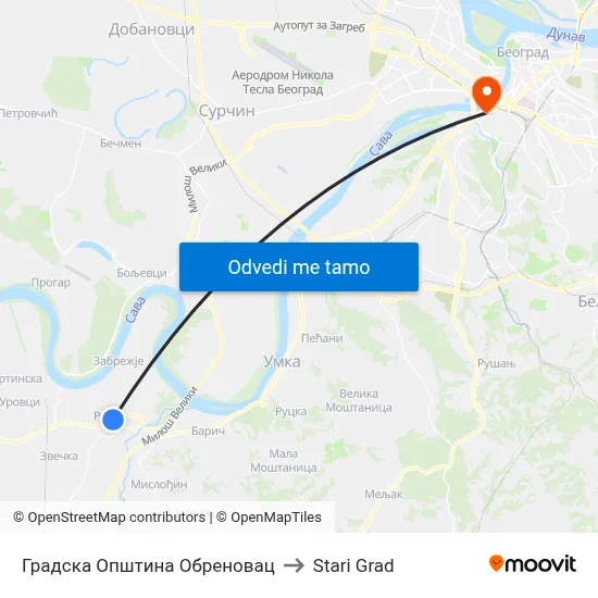 Градска Општина Обреновац to Stari Grad map