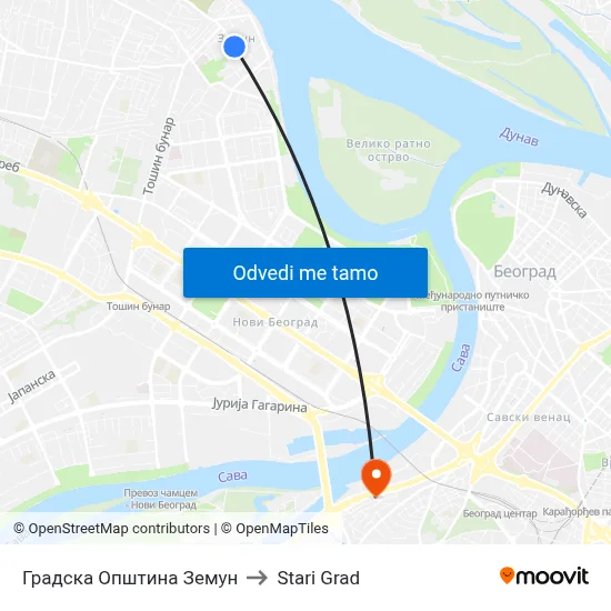 Градска Општина Земун to Stari Grad map