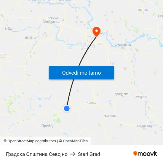Градска Општина Севојно to Stari Grad map