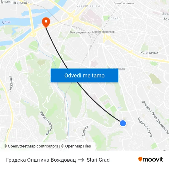 Градска Општина Вождовац to Stari Grad map