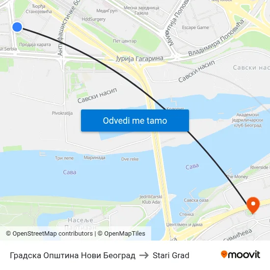 Градска Општина Нови Београд to Stari Grad map