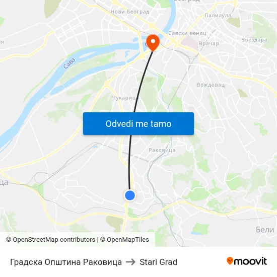 Градска Општина Раковица to Stari Grad map