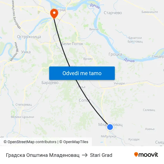 Градска Општина Младеновац to Stari Grad map