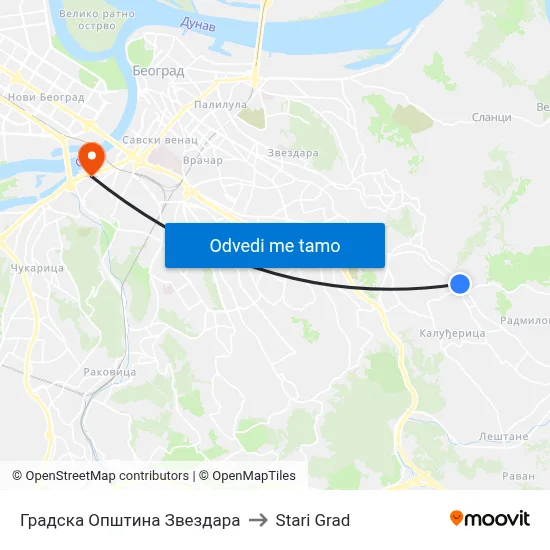 Градска Општина Звездара to Stari Grad map