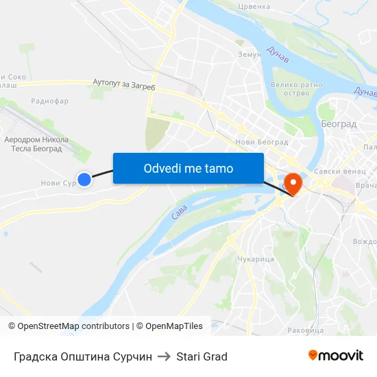 Градска Општина Сурчин to Stari Grad map