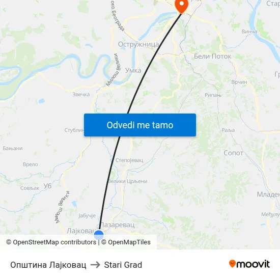Општина Лајковац to Stari Grad map