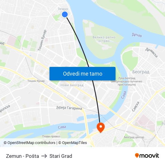 Zemun - Pošta to Stari Grad map