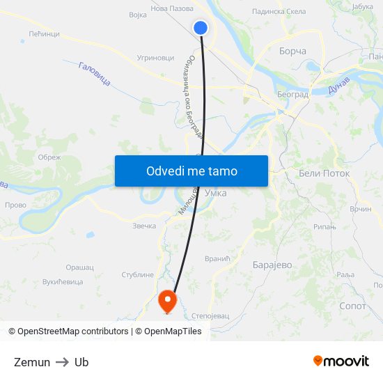 Zemun to Ub map