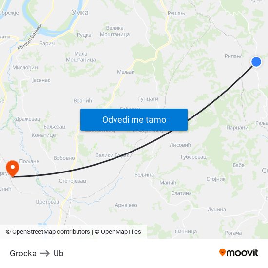 Grocka to Ub map