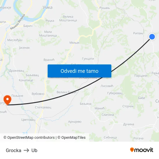 Grocka to Ub map