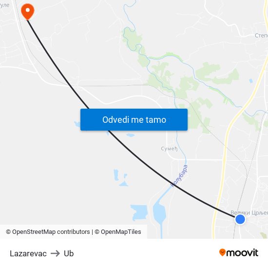 Lazarevac to Ub map