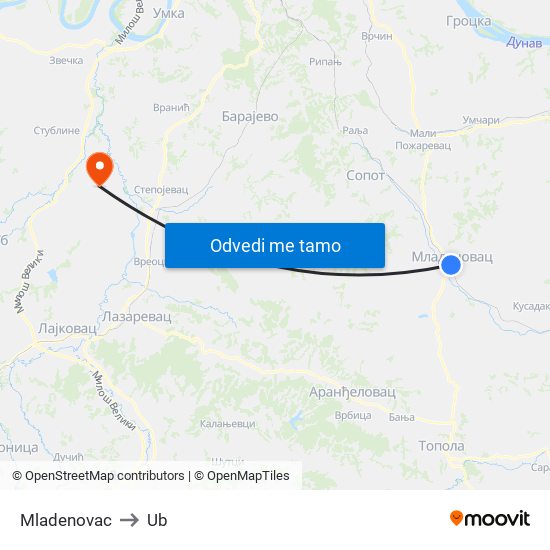 Mladenovac to Ub map