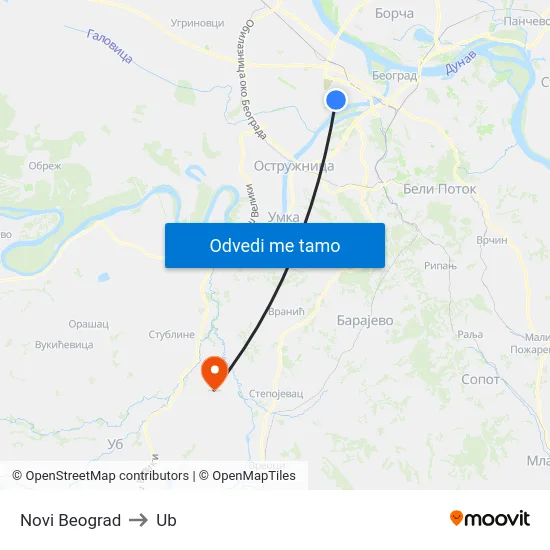 Novi Beograd to Ub map