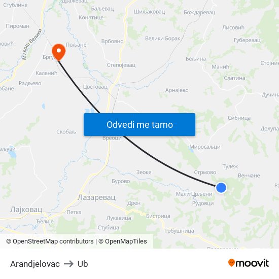 Arandjelovac to Ub map
