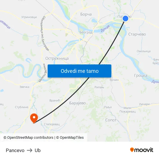 Pancevo to Ub map
