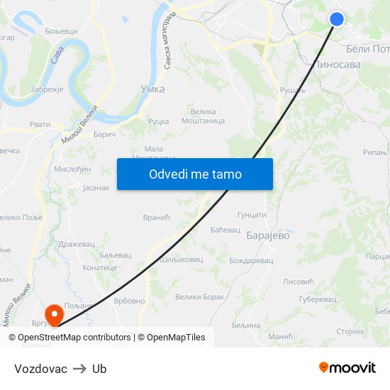 Vozdovac to Ub map