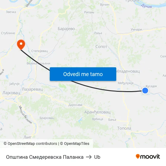 Општина Смедеревска Паланка to Ub map