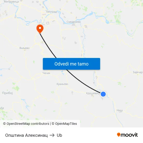 Општина Алексинац to Ub map