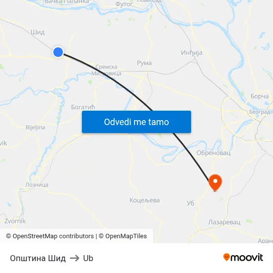 Општина Шид to Ub map