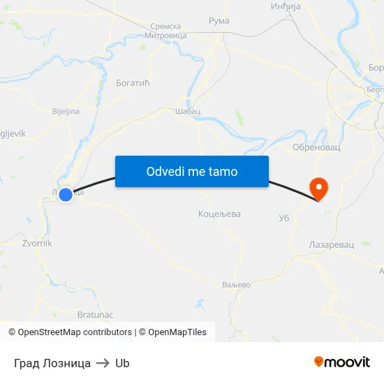 Град Лозница to Ub map