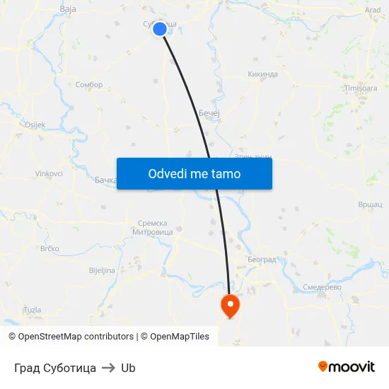 Град Суботица to Ub map