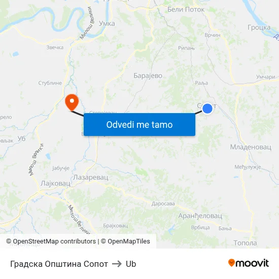 Градска Општина Сопот to Ub map