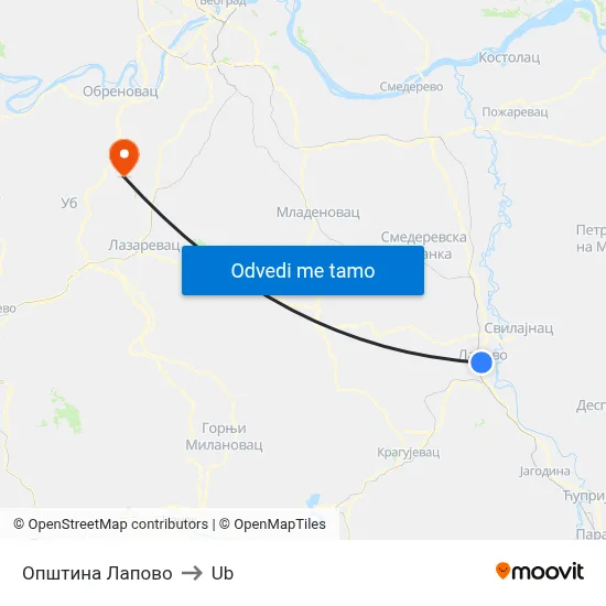 Општина Лапово to Ub map