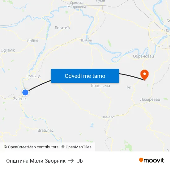 Општина Мали Зворник to Ub map