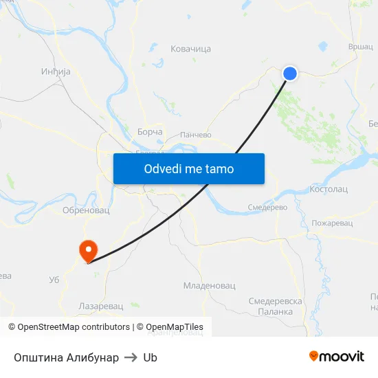 Општина Алибунар to Ub map