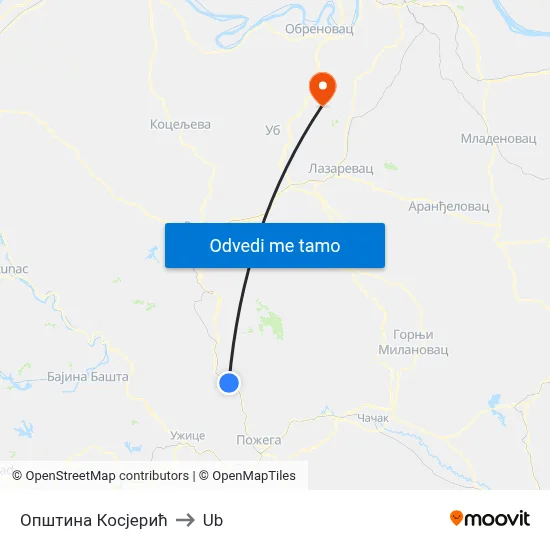 Општина Косјерић to Ub map
