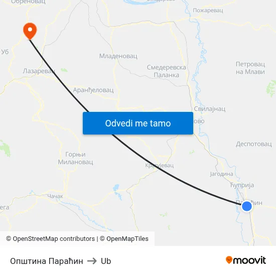 Општина Параћин to Ub map