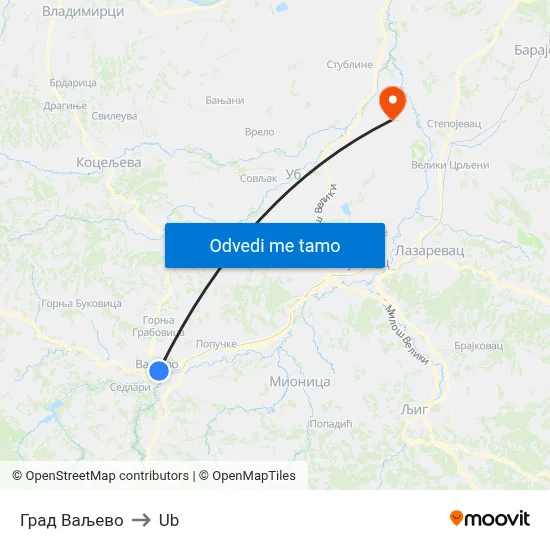 Град Ваљево to Ub map