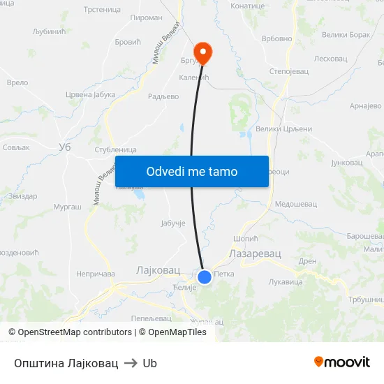 Општина Лајковац to Ub map