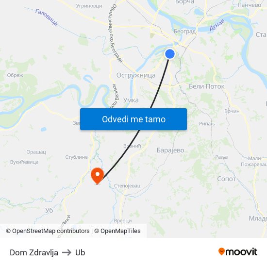 Dom Zdravlja to Ub map