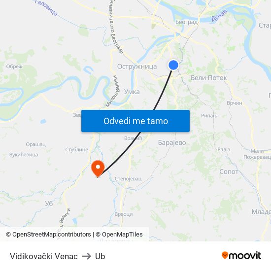 Vidikovački Venac to Ub map