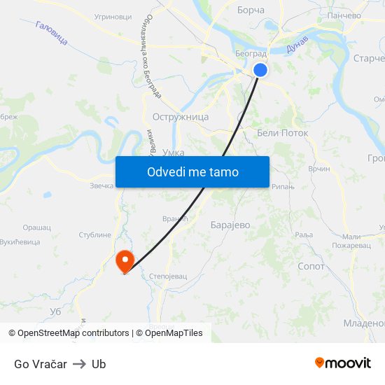 Go Vračar to Ub map