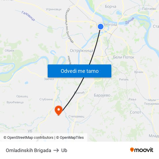 Omladinskih Brigada to Ub map